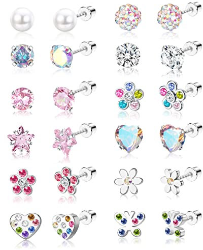 JeweBella Small Earrings Set - Stainless Steel Cute Stud Butterfly Flower Heart Zirconia Hypoallergenic Multicolored Screw Back Earrings