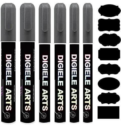 Kreidestift Silber, DIGIELE Kreidestifte Silber 1mm / 3mm / 6mm Stiftspitze, 6 Stück Kreidemarker + 16 Tafel Labels, Trocken oder Feucht Abwischbare Flüssigkreide für Whiteboard, Tafel, Fenster & Glas