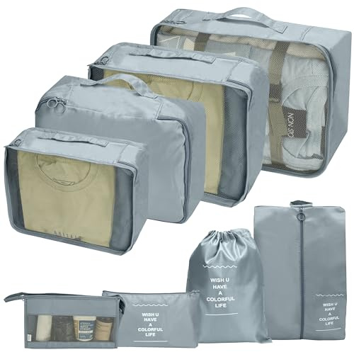 Belle Vous (8er Pack) Graues Koffer Organizer Set für Reisen - Packtaschen für Koffer/Gepäck - Packwürfel Kompression Organizer Koffer Taschen für Kleidung, Toilettenartikel & Reiseutensilien