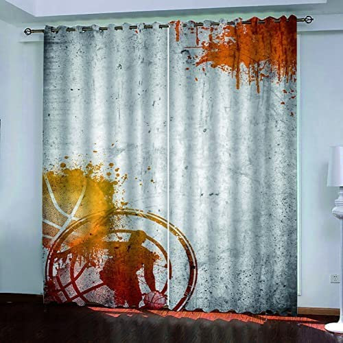 Blickdicht Blackout Vorhang Mit Ösen Schalldämmend Gardinen Polyester 3D Bedruckt Abstrakter Sportbasketball Für Wohnzimmer Schlafzimmer Kinder Oder Babyzimmer 182(B)X214(H) Cm - Bedruckte Verdunkelu