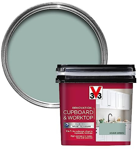 V33 Renovation Cupboard & Worktop Paint - No Undercoat Needed - High Resistance To Water Stains & Scratches - Ultra Washable - Agave Green 750ml
