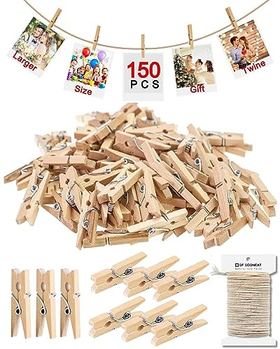 Mini Clothes Pins for Photo, Upgraded Mini Clothespins 1.18 Inch 150 PCS with Jute Twine, Picture String with Clips, Small Wooden Close Pins for Classroom Crafts Polaroid Baby Laundry Clothesline