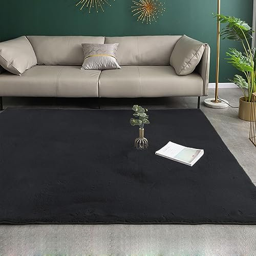 Hochflor Teppich, Einfarbig, Flauschiger Langflor Teppich, Shaggy Flokati, Rechteckig, Pflegeleicht, Wohnzimmerteppich - Fellteppich - Modern Kunstfell Carpet für Schlafzimmer,Schwarz,120x170 cm