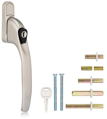 XFORT Key Locking Inline Window Handle Installation Kit in Satin Chrome, UPVC Window Handle Replacement, Lockable Window Lever