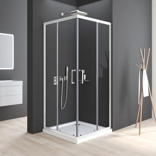 Duschkabine 80x80cm Eckeinstieg Weiß mit Schiebetüren 6mm ESG Sicherheitsglas Duschabtrennung Dusche Duschwand Höhe 185cm ohne Duschtasse