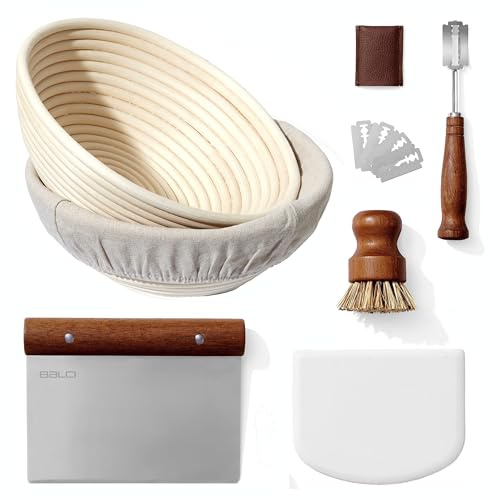 Premium Bread Proofing Set with Acacia Wood - Sourdough Bread Baking Supplies, 2 Rattan Banneton Baskets, 2 Basket Covers, Brush, Metal Scrapper, Plastic Scrapper, Scoring Lame, 5 Blades & Case