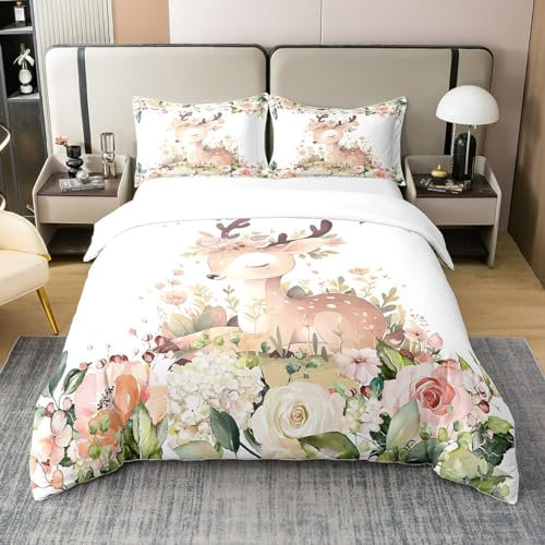 richhome Süßer Hirsch 100% Bio-Baumwolle Bettbezug Set Cartoon Wild Tier Tröster Cover Set für Kinderzimmer Aquarell Blumen Blätter Garten Bettwäsche Set 200x200 Größe