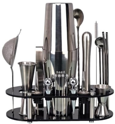 Juego de Cocktail Shaker Juego De Coctelera De 23 Uds., Kit De Barman con Soporte, Receta De Bebida, Coctelera De Acero Inoxidable, Herramientas para Bar En Casa Coctelera Profesional Herramientas