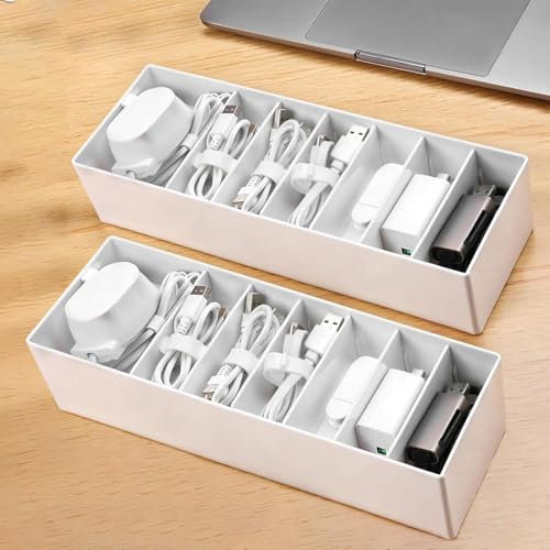 PAVSTINE Cable Storage Box Small, 2 Pcs White Cable Tidy with Adjustable Compartments, Cable Tidy Management Box with 14 Cable Ties, Cord Organiser Box for Wire and Charger Storage