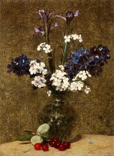VsoxA Berühmte Gemälde Moderne Kunst Ölgemälde auf Leinwand Blumen iris und hyazinthen mit kirschen und mandeln auf dem tisch von henri fantin-latour für Wohnzimmerdekoration 60x90cm