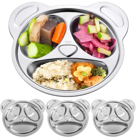 Lot de 4 assiettes divisées en acier inoxydable de qualité alimentaire incassables en acier inoxydable 304, assiettes divisées en forme de panda mignon pour les mangeurs difficiles, le déjeuner, le