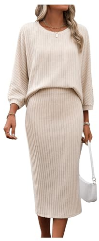 GORGLITTER Women's Ribbed Knit 2 Piece Outfit Crewneck 3/4 Sleeve Top and Midi Skirt Airport Outfit Lounge Wear Set Khaki M