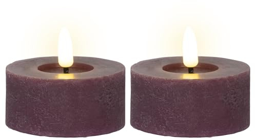 MIJOMA LED-Echtwachskerze mit realistischer Flamme, Timer und batteriebetrieb | Indoor LED-Kerze mit warmweißem Licht | Natürliche Optik (Dunkellila - Teelichter, Ø7cm x 6cm)