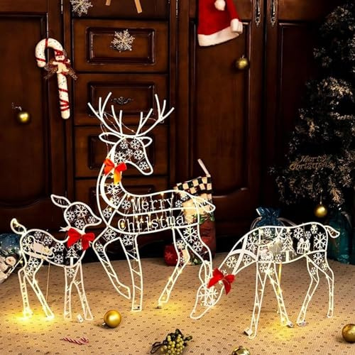 Outdoor Battery Operated Reindeer 80 Dual LED Fawn Christmas Light Up Acrylic Figure Garden Decoration with Timer Christmas glowing Elk Decoration(3 Pieces,Inch-L19-W18-H2.8)