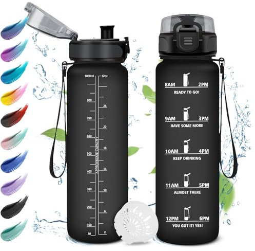 Trinkflasche 1L, Wasserflasche Sport mit Filte, Auslaufsichere, Trinkflasche Sport Kohlensäure Geeignet, Sportflasche mit Zeitmarkierung, Wasserflasche für Camping, Yoga, Gym, Outdoor, Büro
