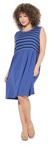 Ulla Popken Femme Grandes Tailles Robe midi sans Manches. Encolure Ronde. Coupe évasée. Jersey Bord-côte Bleu Atlantique 50+ 837869722-50+