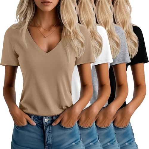 Neer Pack de 4 Camisetas Mujer Cuello en V Manga Corta Verano Casual Corte Holgado Dobladillo Recto Básicas