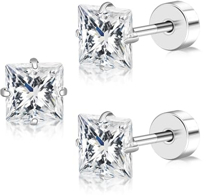FACOKO Damen-Ohrstecker mit flacher Rückseite 4 mm und 5 mm Zirkonia Herz-/Quadrat-/Sternform hypoallergen Titan ohrring geschenkfertig