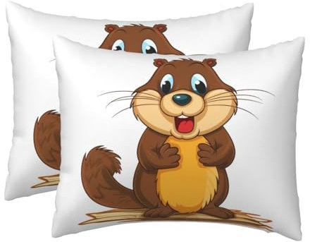 2 Pack Standard Size Pillow Cases with Zipper, Soft Breathable Pillowcase for Hair and Skin, 20x26 Pillow Covers for Sleeping Gift Bed Pillow Case Cartoon Animated Beaver Pillowcases