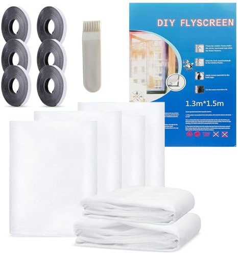 HKC 6 Pièces Moustiquaire Fenetre, 130 x 150 cm Moustiquaires Pour Fenêtre Avec 6 Rouleaux De Bandes Autocollantes, Filet Écran Insecte Toile Moustiquaire Découpable Anti Mouche Moustiques (Blanc)