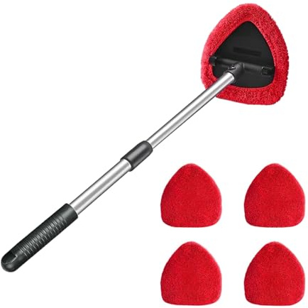 CGEAMDY Pulitore per Parabrezza Auto, Pulitore per Vetri Auto con 4 Pastiglie in Microfibra Lavabili E Riutilizzabili, Kit di Pulizia per Tergicristalli con Manico Lungo Ed Estensibile (Rosso)