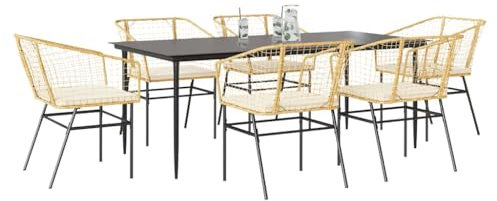 Gecheer 7-TLG. Garten Essgruppe 6 Personen Gartenmöbel Set 6 stühle mit Tisch Gartentisch mit 6 stühlen Set Gartengarnitur Sitzgarnitur Braun Poly Rattan Glas, Braun