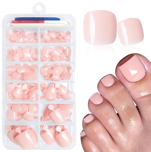 Kotkiddy 168 Piezas de Adhesivos para uñas de pies, uñas postizas para Mujeres con Tiras Adhesivas, uñas postizas acrílicas para pies (Rosa Carne)