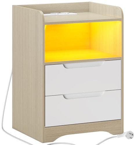 Brinlawb Table de Chevet avec Lumières LED et Multiprise (2 Prises CA, 2 Ports USB) Table de Nuit avec 1 Compartiment Ouvert et 2 Tiroirs pour Salon, Chambre, Bureau, Montage Facile, Chêne Clair