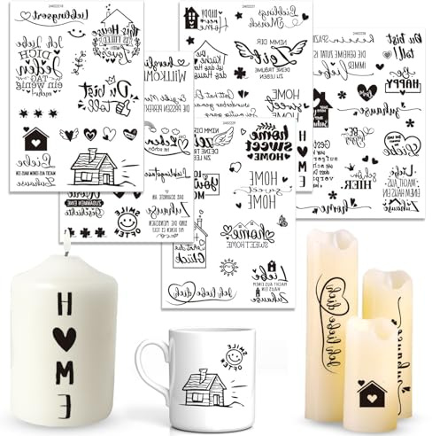 Rub On Sticker 5 Bogen Gemütliche Sprüche Kerzentattoos - Transferaufkleber Wasserschiebefolie für Kerzen, Glas, Holz, Möbel DIY Basteln Deko Geschenk(schwarz Typ A、bunt Typ B) (schwarz Typ A)