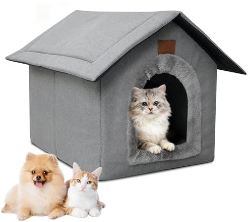 PLLYPE Katzenhaus Für Draußen Wasserdicht, Haustierhaus mit Plüschkissen, Hundehöhle mit Abnehmbarem, für Katzen und Hunde (Hellgrau, 35 * 30 * 35cm)