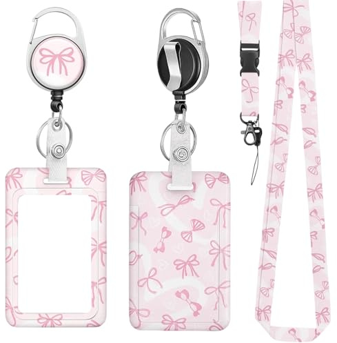 Lanyards for Neck with Card Holder, Retractable Teacher Lanyard with Pink Bow Design, Bus Pass Holder for Kids and Adults, Convenient for Office Workers, Teachers and Students