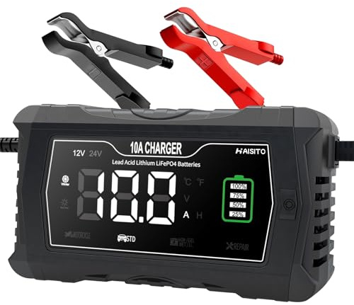 Haisito Bilbatteriladdare 10 A 12 V/24 V, LiFePO4 litiumbatteri blysyrabatteri virvelströmsladdare, lämplig för bil, gräsklippare, motorcykel och andra batteriladdare