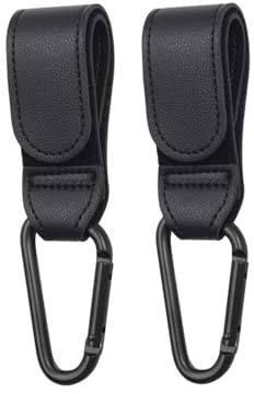 2-pack universella läderkrokar för barnvagnar, för väskor, barnvagnar, släpvagnar, rollatorer, rullstolar, cykelsläpvagnar (Svart)