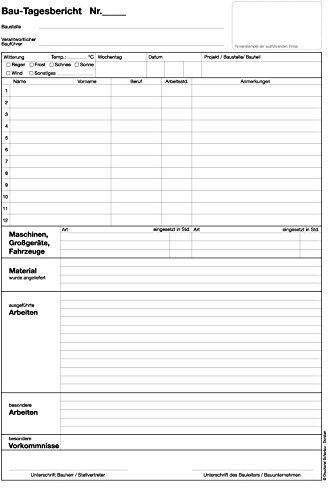 5x Bau-Tagesbericht, Baubericht Bautagebuch DIN A4, 3-fach selbstdurchschreibend, 3x30 Blatt weiß/grün/gelb - gelocht (22205)