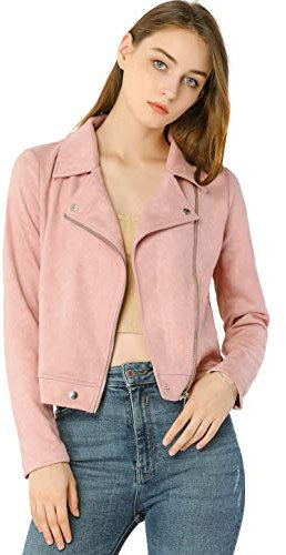 sourcing map Veste courte pour femme Soft Moto Poches zippées Vestes de motard en faux suède Rose XL