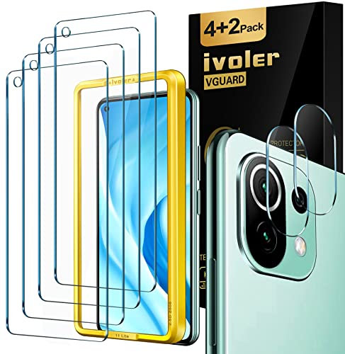 ivoler 4+2 Stück Schutz Glas für Xiaomi Mi 11 Lite 4G / 5G / NE, 4 Stücke Schutzfolie Mit 2 Stück Kameraschutz und Positionierhilfe, 9H Härte, Anti-Kratz, Anti-Bläschen