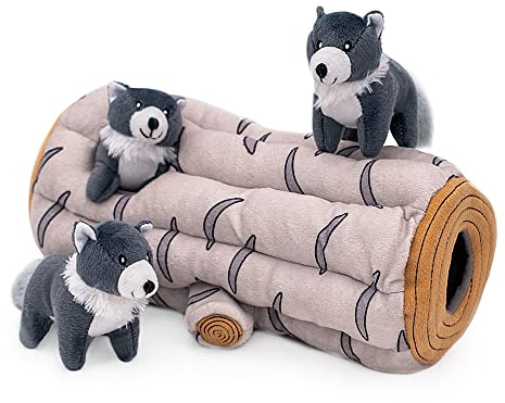 ZippyPaws Woodland Friends Burrow interaktiva hundleksaker – dölj och sök hundleksaker och valpleksaker, färgglada pipiga hundleksaker och plyschhundpussel, arktisk varg