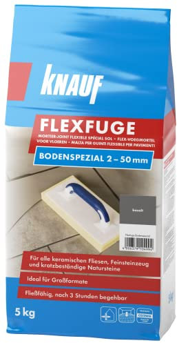 Knauf Flexfuge Bodenspezial Basalt 5 kg, zum Verfugen von allen keramischen Fliesen und kratzbeständigen Natursteinen im Innen- & Außenbereich, ideal bei unregelmäßigen Fugen, selbstverlaufend