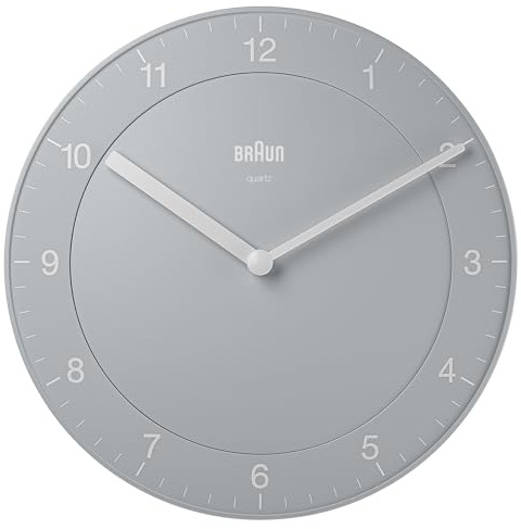 Braun Classic Analoge Wanduhr mit leisem Quarzuhrwerk, leicht ablesbar, 20 cm Durchmesser in Grau, Modell BC06G.