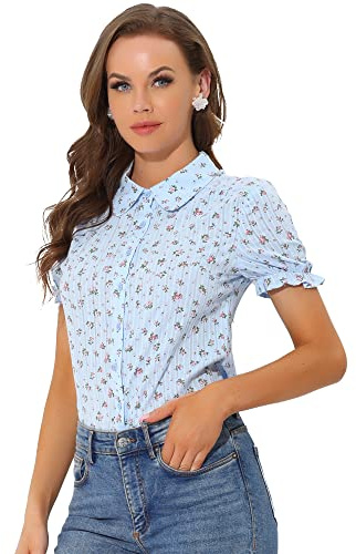Allegra K Women's Short Sleeve Button-Up Peter Pan Collar Blouse, Light Blue Floral, XL