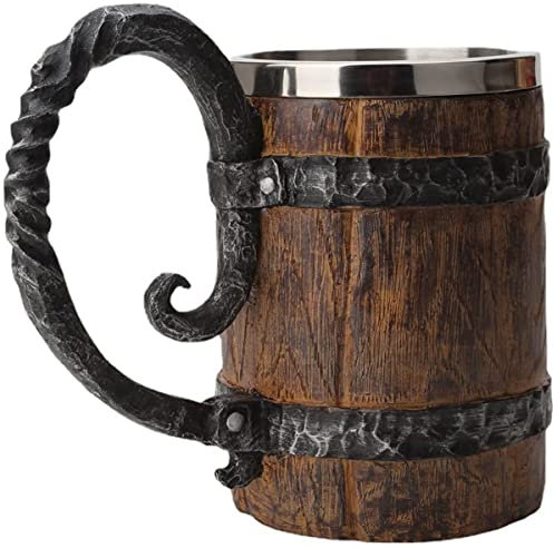 ZNZNANG Viking Wood Style Beer Mug, Wooden Barrel Stainless Steel Vintage Bar Handmade Mug (550ML)