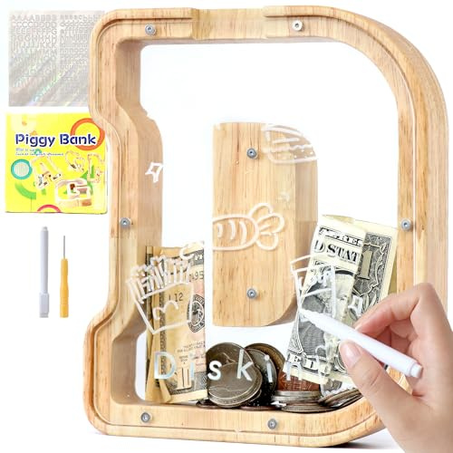 Lakpopya Personalisiert Spardose Kinder Jungen, Holz Sparschwein | Transparente Spardose mit Buchstaben A–Z für Kinder Mädchen Erwachsene mit Aufklebern und Filzstift, Taufgeschenk Dekoration