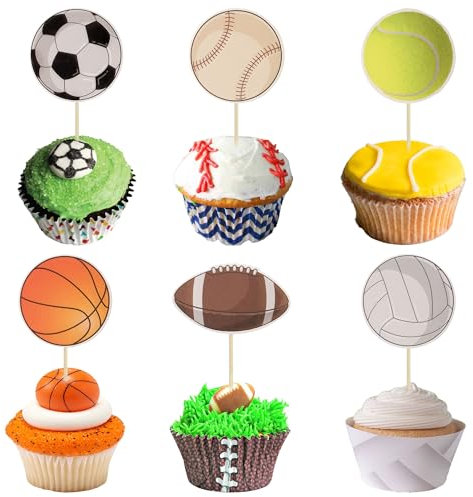 36Pcs Sports Cupcake Toppers Basketball Cupcake Toothpicks Soccer Ball Football Baseball Volleyball Rugby Cake Decorations for Sports Ball Game Theme Baby Shower Birthday Party Decoration Supplies