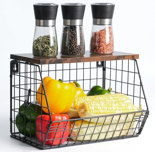 Wawocs Fruteros de Cocina, Cesta de Frutas y Verduras Colgante & Apilable Frutero de Pared con Tapa de Madera Organizador Fruteiras de Cocina Organizador de Fruta Frutero de Metal con 2 Ganchos Negro