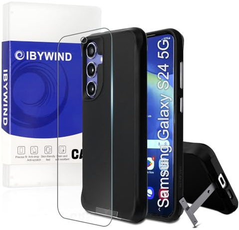 IBYWIND Skal för Samsung Galaxy S24 5G,1 Svart Case med 1 Pack Härdat Glas+Osynligt Metall Hållare Mobil,Hård PC Anti-repa,Stötsäkert fallskydd,TPU Bumper Phone Cover, Kameraskydd