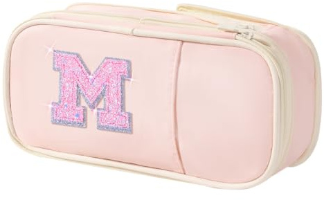 Janhavi Preppy Pencil Case for School Supplies, Initial Large Pink Penicl Case for Nursing Bag, Cute Pencil Pouch Bag for Office,Birthday Gifts for 6 7 8 9 10 11 12 13 Year Old Girls-Pink M