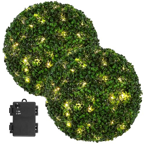 Le Serein 2 Pcs Lighted Topiary Ball Outdoor Pre-Lit Faux Boxwood Planter Filler Sphere, Artificial Topiary Ball， Decorative for Backyard, Balcony, Garden, Wedding Party, Home Office (15 * 15)