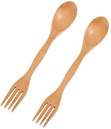 Abaodam Japanese Style Wooden Spork for Boys and Girls, 2pcs Mini Spoon Fork Combo, Natural Wood Material Tableware Set for Children’s Mealtime