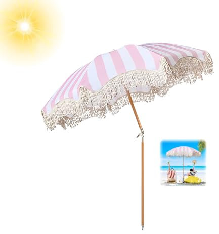 Gartenschirm Tragbarer Mit Quasten 180cm Strandschirm Uv Schutz Sonnenschirm Neigbar Marktschirm Wasserdicht Mit Tragetasche Für Garten Terrasse Pool Balkon/Mit Tragetasche ( Color : Pink Stripe , Siz