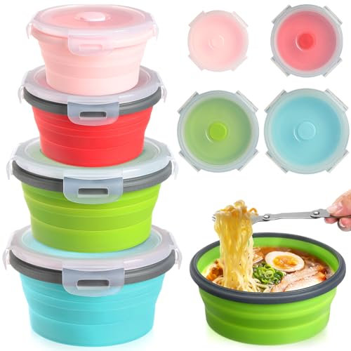 Suclain Juego de 4 cuencos de camping con tapa, plegable, de silicona, para almuerzo, ensalada, expandible, para almacenamiento de alimentos, cuenco plegable de viaje para senderismo, calor (rojo,